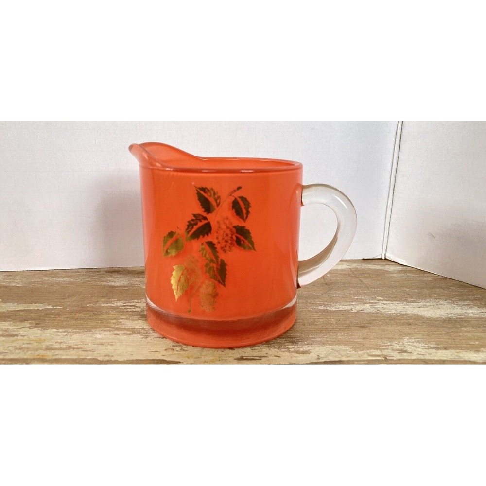 Vintage Bartlett Collins glass creamer orange coral with gold leaf design MCM